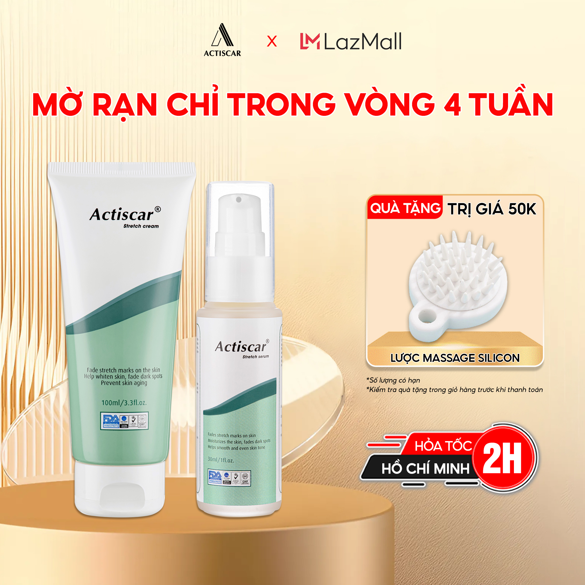 Combo kem rạn da actiscar stretch 100ml + serum rạn da 30ml làm mờ rạn da, mờ sẹo, đều màu da sau sinh