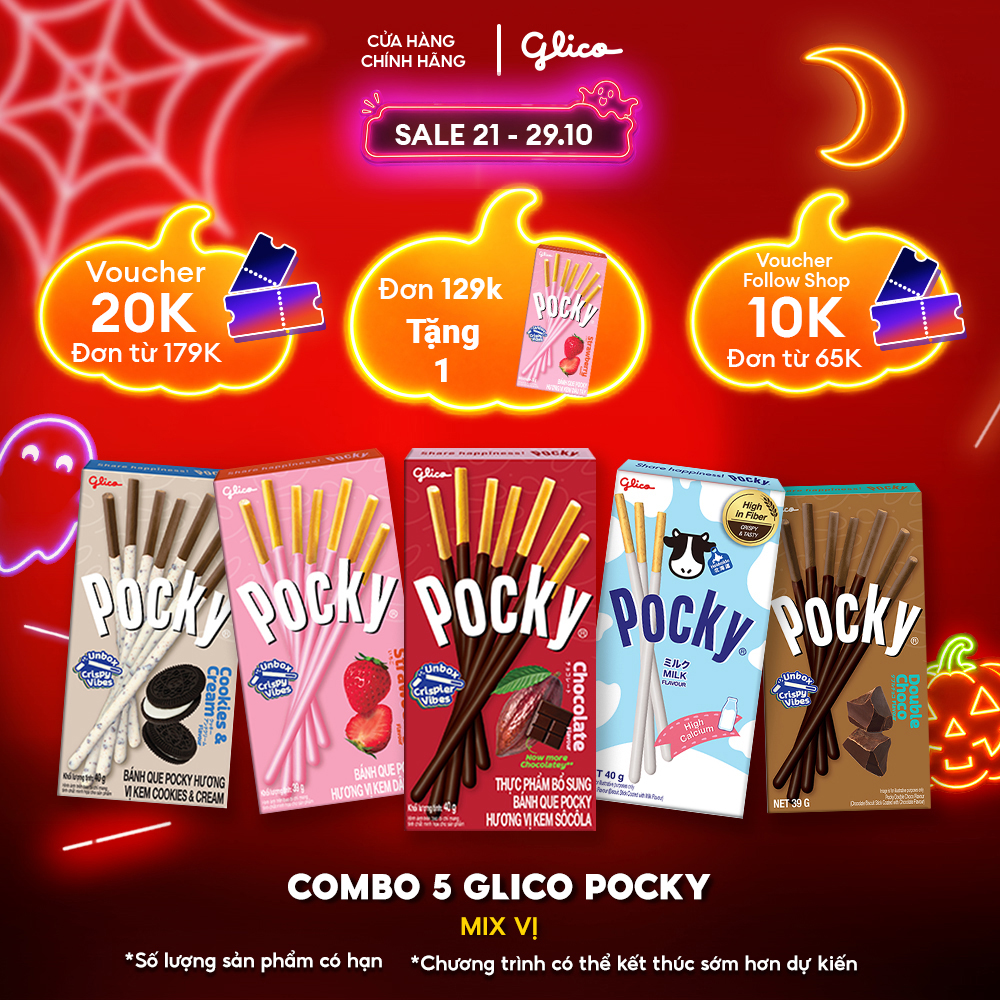 Combo 5 Hộp Mix Vị Bánh Que Phủ Kem Glico Pocky (00460 - 1 Socola_1 Dâu_1 Cookies  Cream_1 Sữa_1 Double Choco)