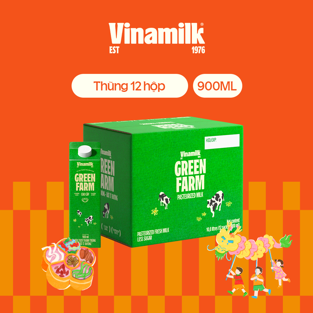 Thùng 12 Hộp Sữa tươi thanh trùng Vinamilk Green Farm Rất ít đường Hộp 900ml