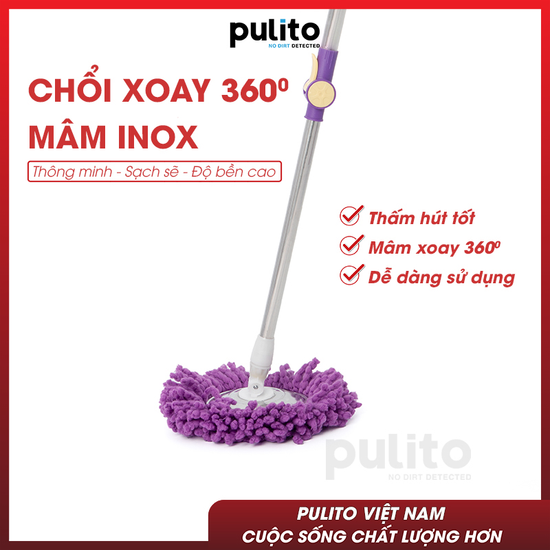Cây lau nhà trợ lực tự vắt siêu bền Pulito, mâm xoay 360 độ kèm bông lau siêu thấm CLN-M2-MX-VIOLET