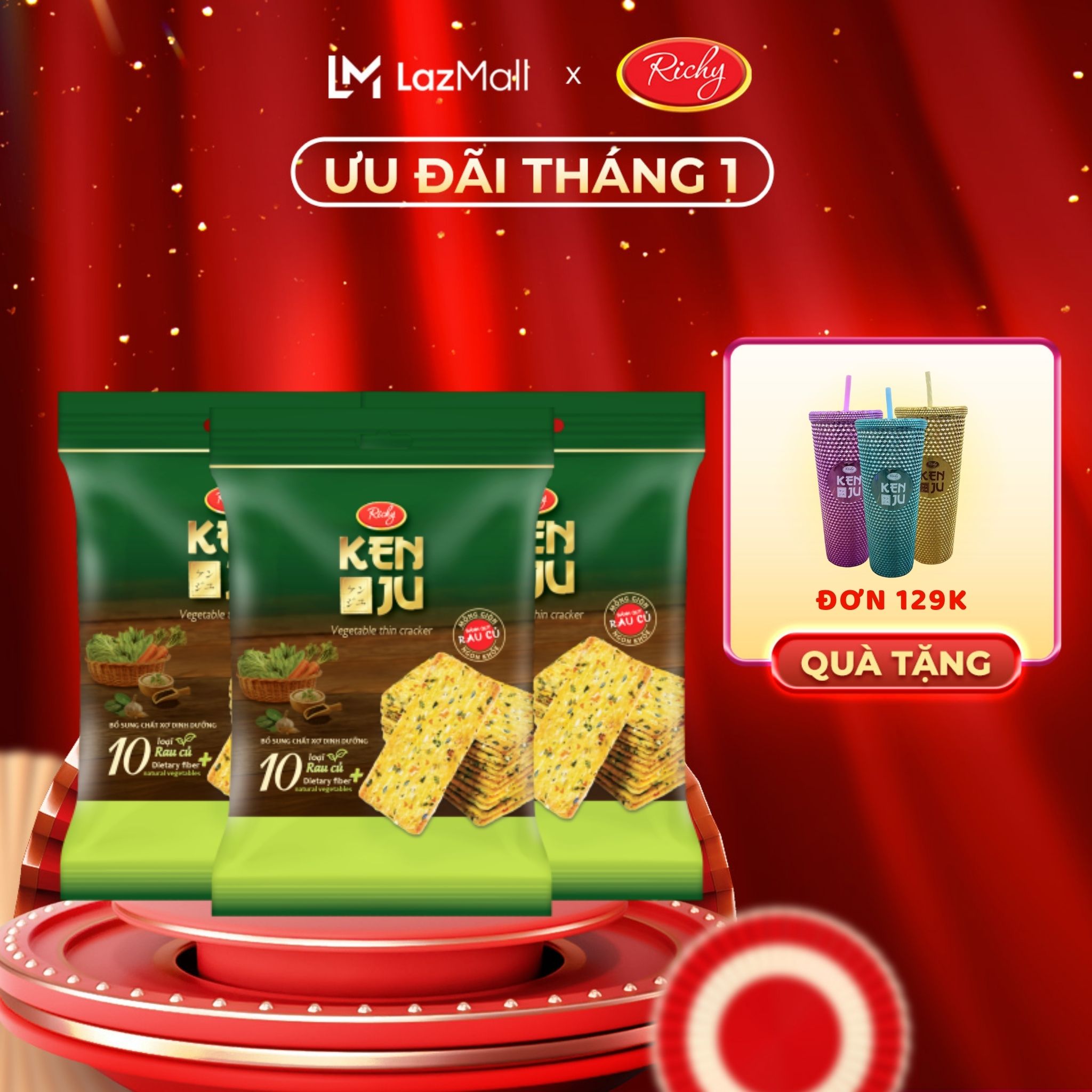 [TẶNG LY KENJU] Combo 3 Bịch Bánh Kenju rau củ mix vị túi 192g, Bánh ăn sáng healthy - Bánh kẹo Richy