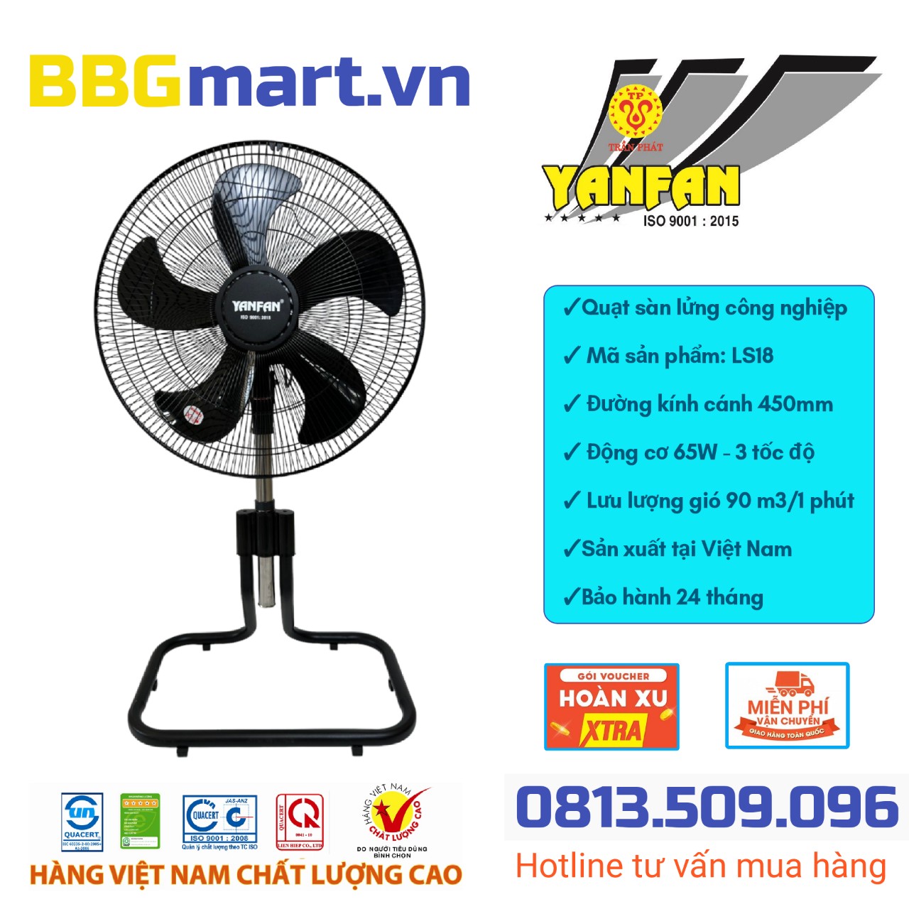 QUẠT SÀN LỬNG CÔNG NGHIỆP YANFAN LS18 65W CÁNH 450MM