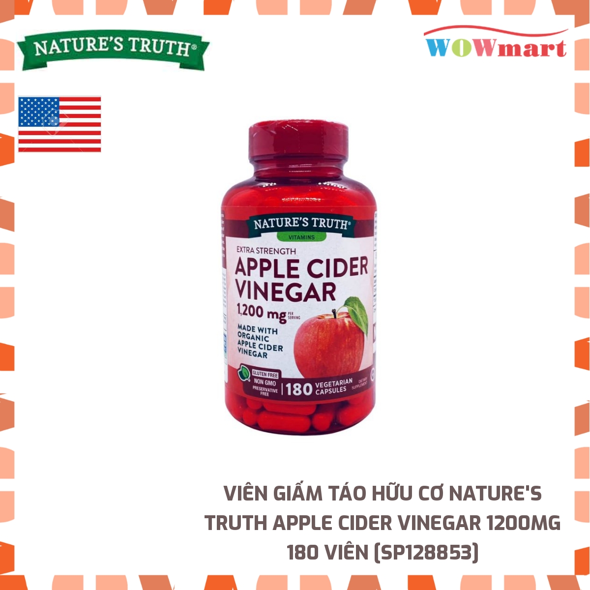 HCMViên giấm táo hữu cơ Natures Truth Apple Cider Vinegar 1200mg 180viên