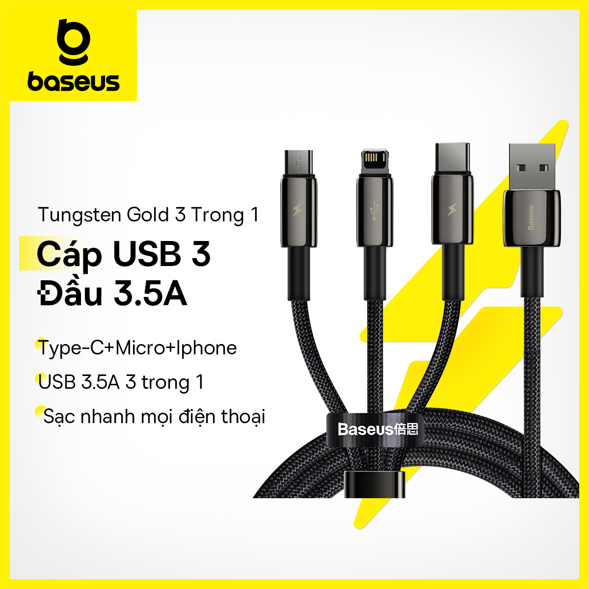 Baseus cáp usb loại c sạc nhanh 3 trong 1, cáp điện thoại di động android cho iphone 12 pro max samsung micro usb dây cáp dữ liệu cho huawei xiaomi usb c