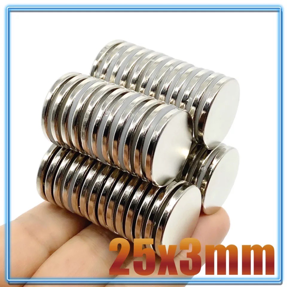 Nam châm đất hiếm màu trắng mạ niken kích thước 25x3mm, 25x2mm, 25x5mm siêu dính