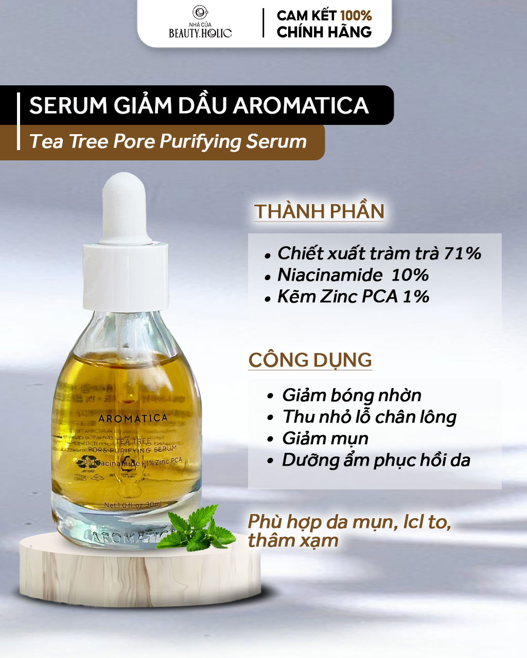 [Nhacuabeautyholic] Serum thuần chay AROMATICA Tea Tree Pore Purifying Serum 10% Niacinamide +1% Zinc PCA