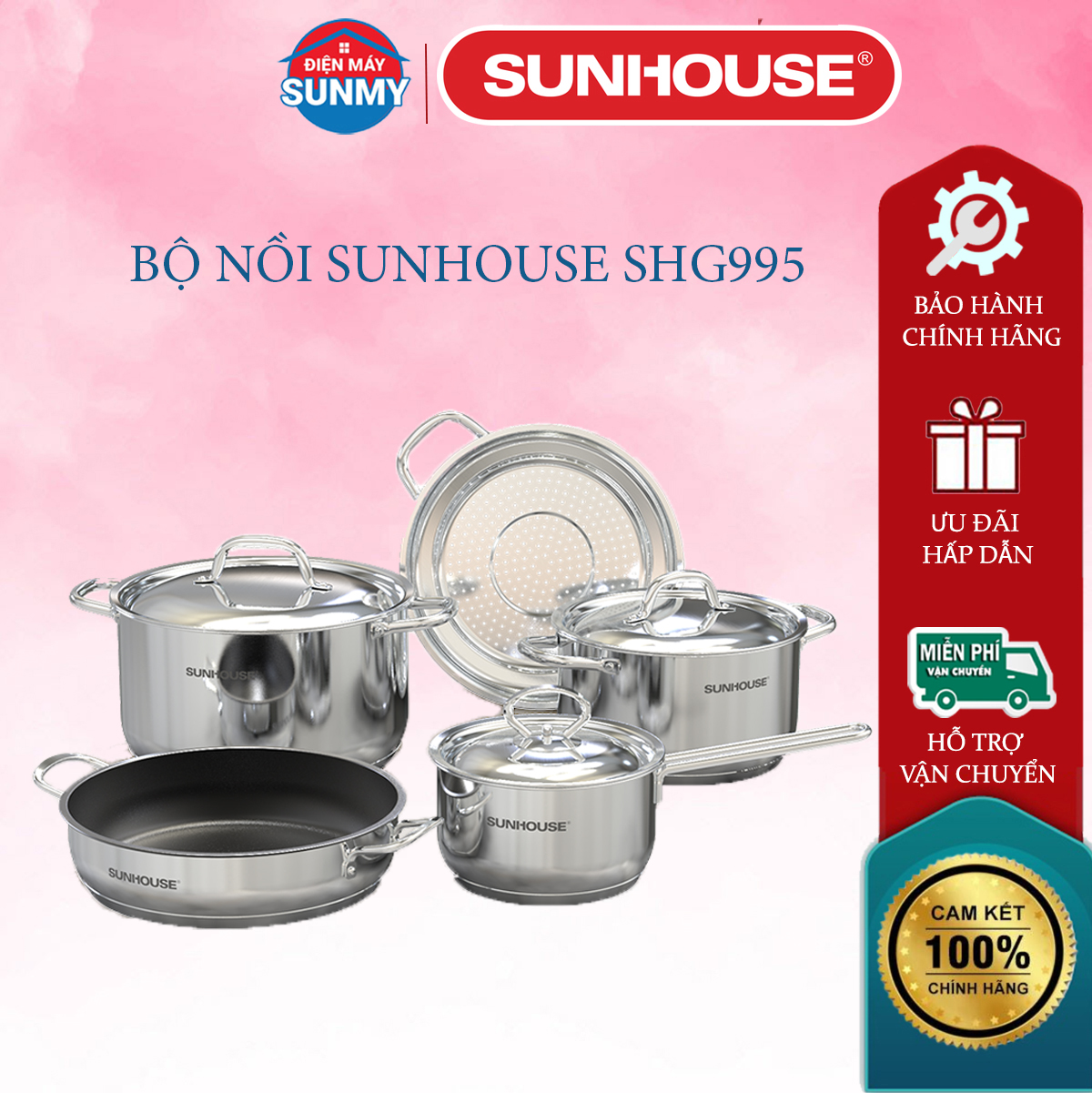 Bộ nồi chảo inox 5 đáy sunhouse SHG995, nồi inox cao cấp set 5 món siêu bền, nồi nấu ăn, nồi bếp từ 5 món, chảo bếp từ