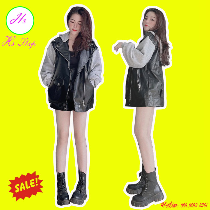 [ Xả Hàng ] Áo khoác da nữ phom rộng pha nỉ có mũ tháo rời được