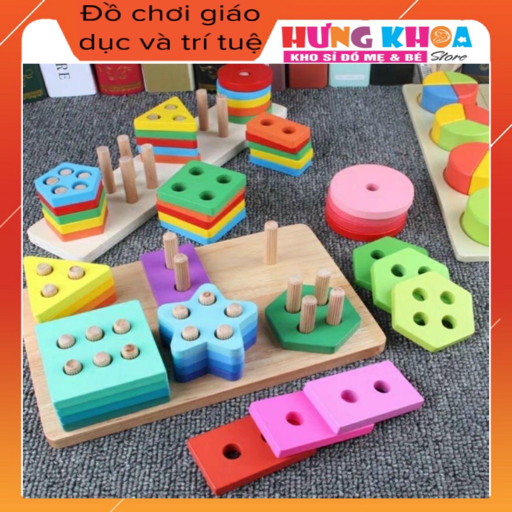 Bộ thả hình khối 6 cọc trụ bằng gỗ đồ chơi trí tuệ cho bé học hình khối học màu sắc