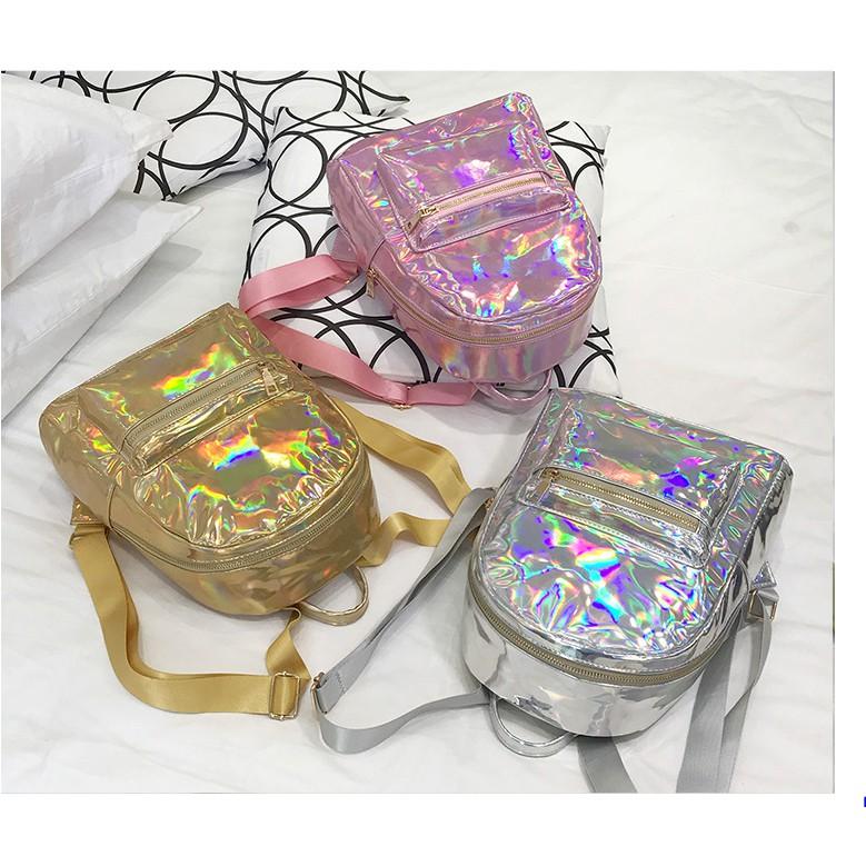 Balo hologram nền trơn cặp sách nam nữ đựng laptop hộp bút bóp vở viết phong cách Hàn Quốc tiện lợi đi học đi chơi