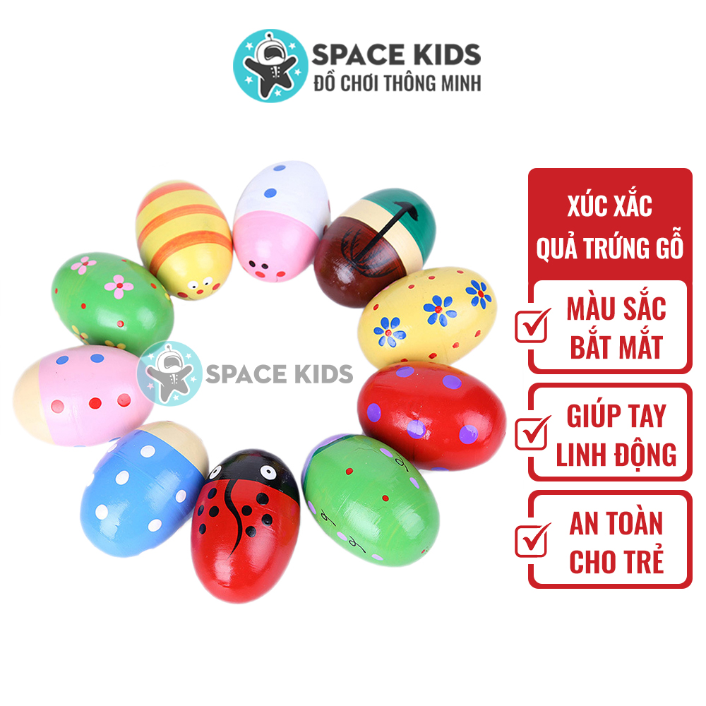 Đồ chơi trẻ em Lục lạc cho bé, Xúc xắc gỗ hình quả trứng nhiều màu sắc cho bé từ 3 tháng tuổi Space Kids