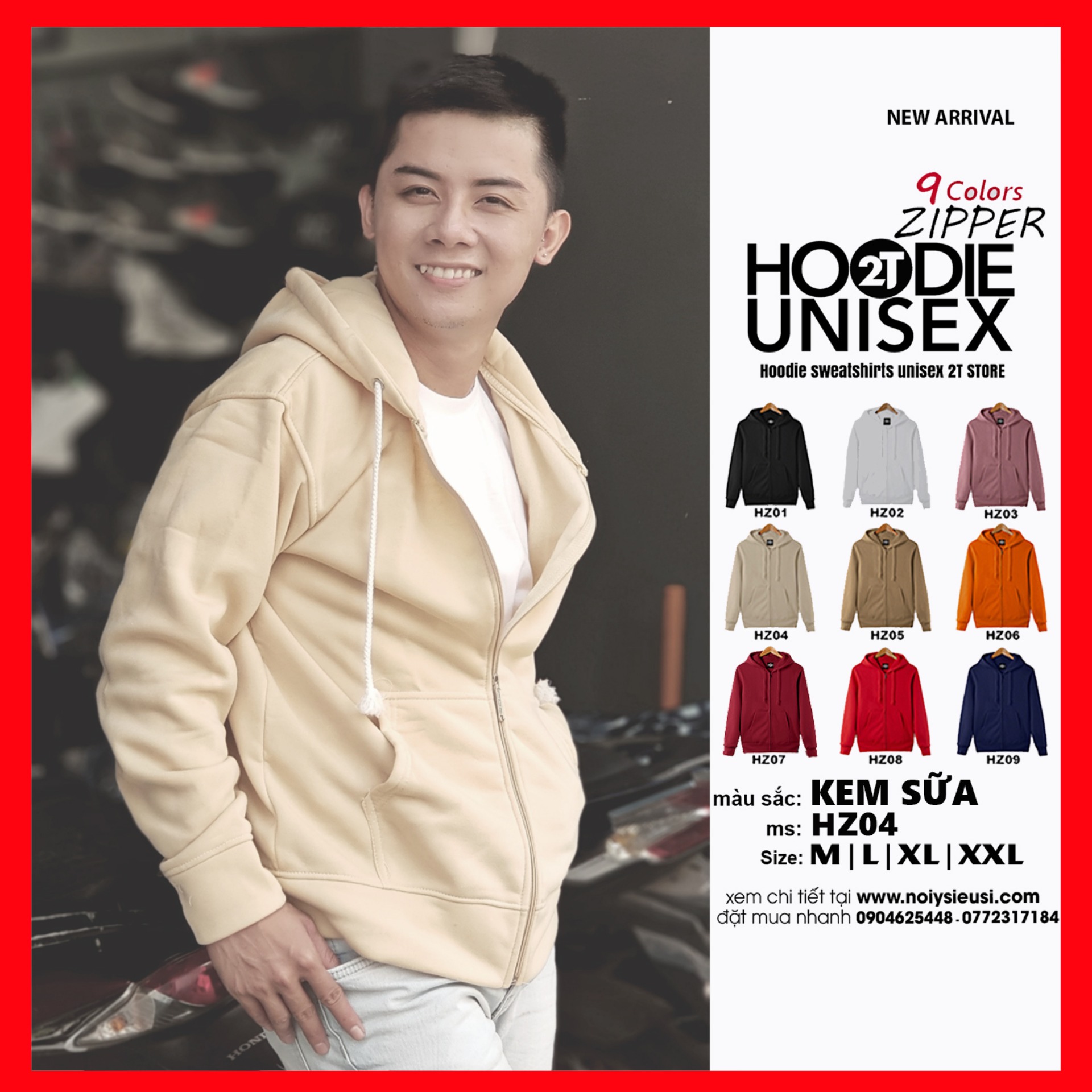[4.4 HOÀN TIỀN 15%][HCM]ÁO KHOÁC NỈ HOODIE ZIPPER DÂY KÉO TRƠN NÓN 2 LỚP DÀY DẶN UNISEX 2T STORE - KEM SỮA