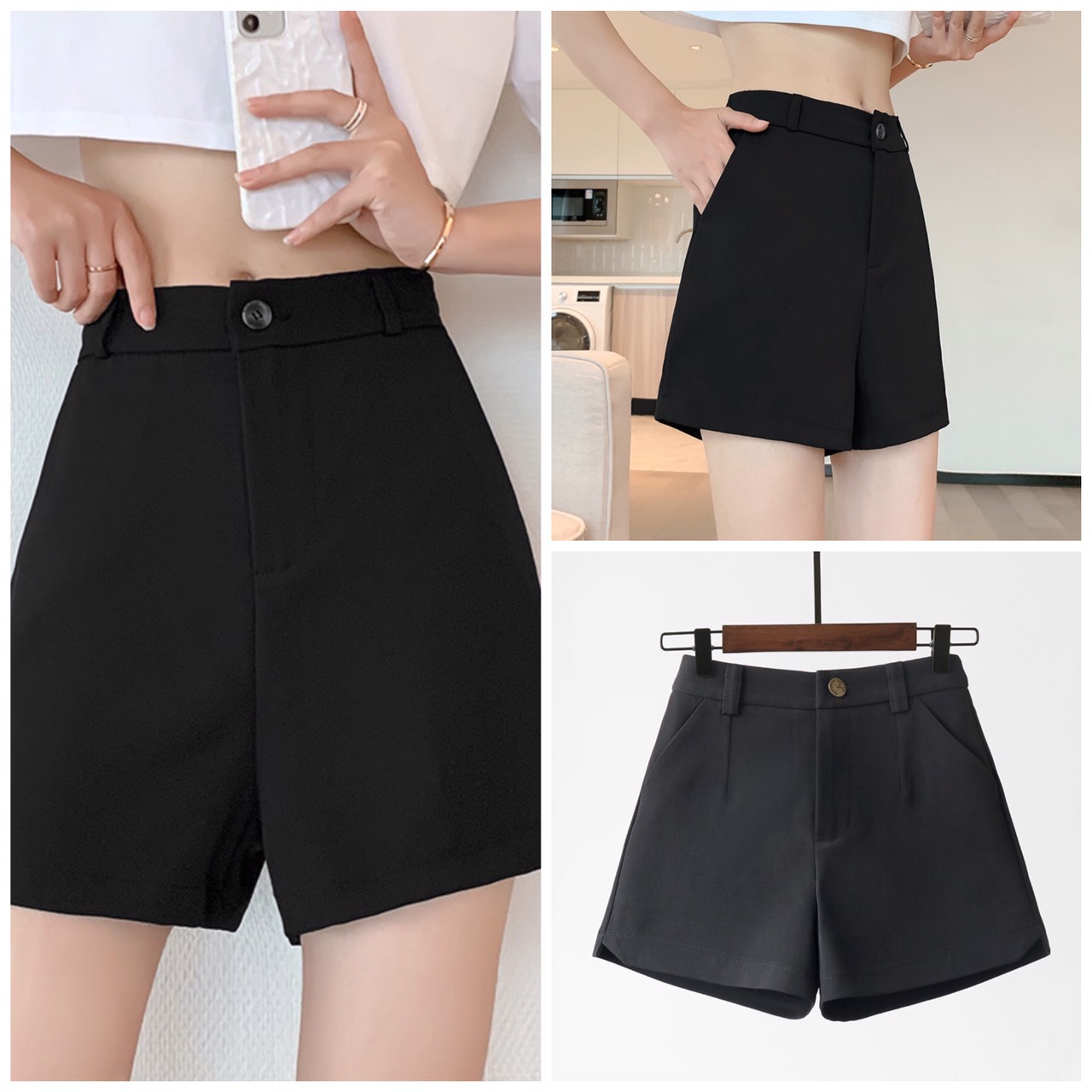 Quần short nữ quần đùi nữ đen lưng cao vải dày dặn mềm mịn phong cách thời trang cao cấp