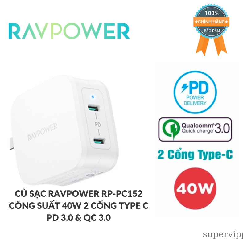 Củ sạc nhanh 2 cổng ravpower 40w, cổng usb-c 20w rp-pc152.