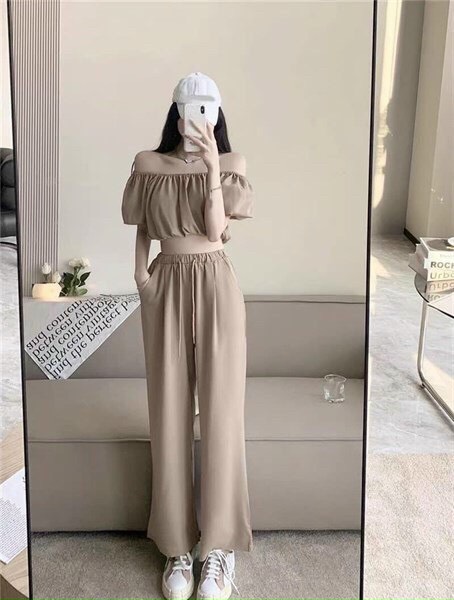 Set bộ thun áo tay ngắn trễ vai bo eo, quần thun dài ống suông trơn, đồ bộ thể thao nữ đơn giản mặc đi chơi, set áo thun croptop, quần thun ống rộng