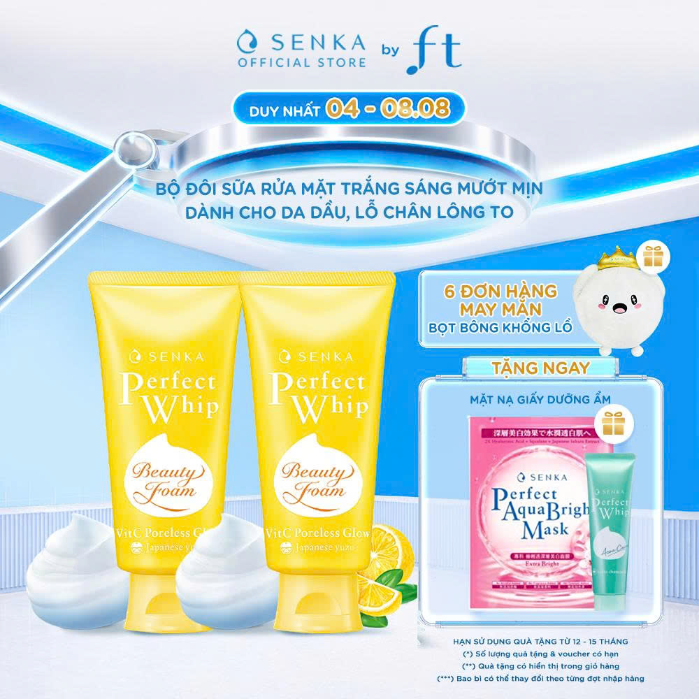 Bộ đôi sữa rửa mặt sáng mịn mờ thâm SENKA PERFECT WHIP VITC PORELESS GLOW 100GX2