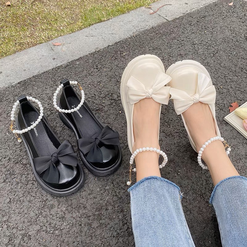 Giày búp bê nữ độn đế 4cm thắt nơ cực xinh,Giày lolita quai ngọc da mềm phù hợp các bạn nữ phong cách nhẹ nhàng