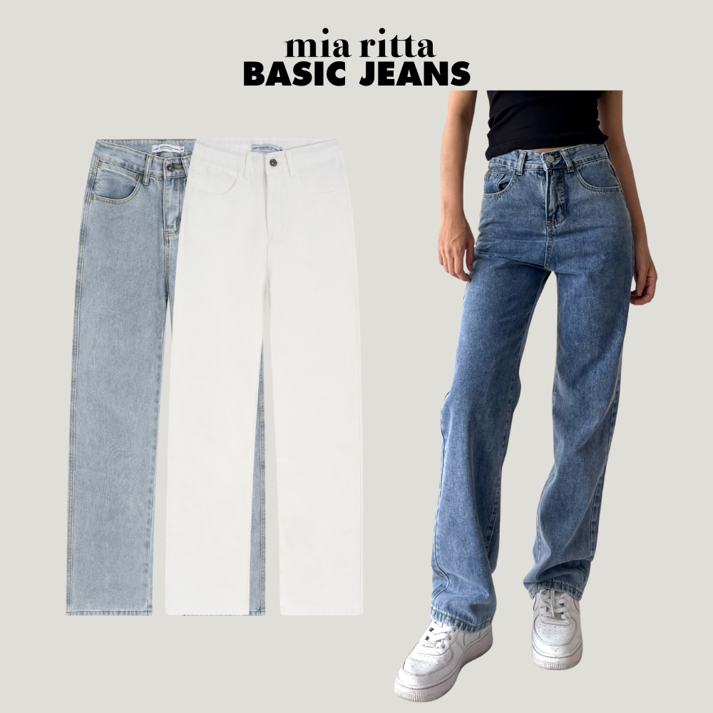 Quần jeans basic cạp cao Mia Ritta J473 quần jean ống suông cạp cao quần jeans nữ ống rộng tôn dáng