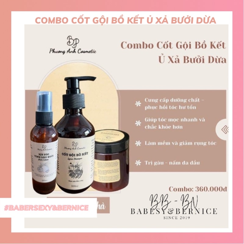 Combo cốt gội bồ kết ủ xả bưởi dừa chính hãng 100%