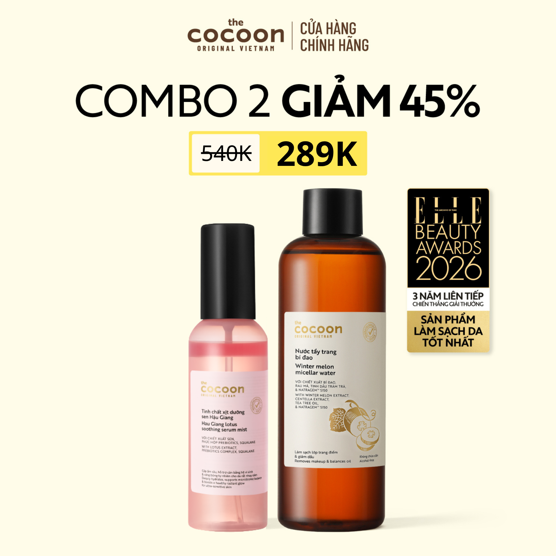 COMBO 1 Tinh chất xịt dưỡng sen Hậu Giang Cocoon 100ml + 1 Bigsize Nước Tẩy trang bí đao 500ml