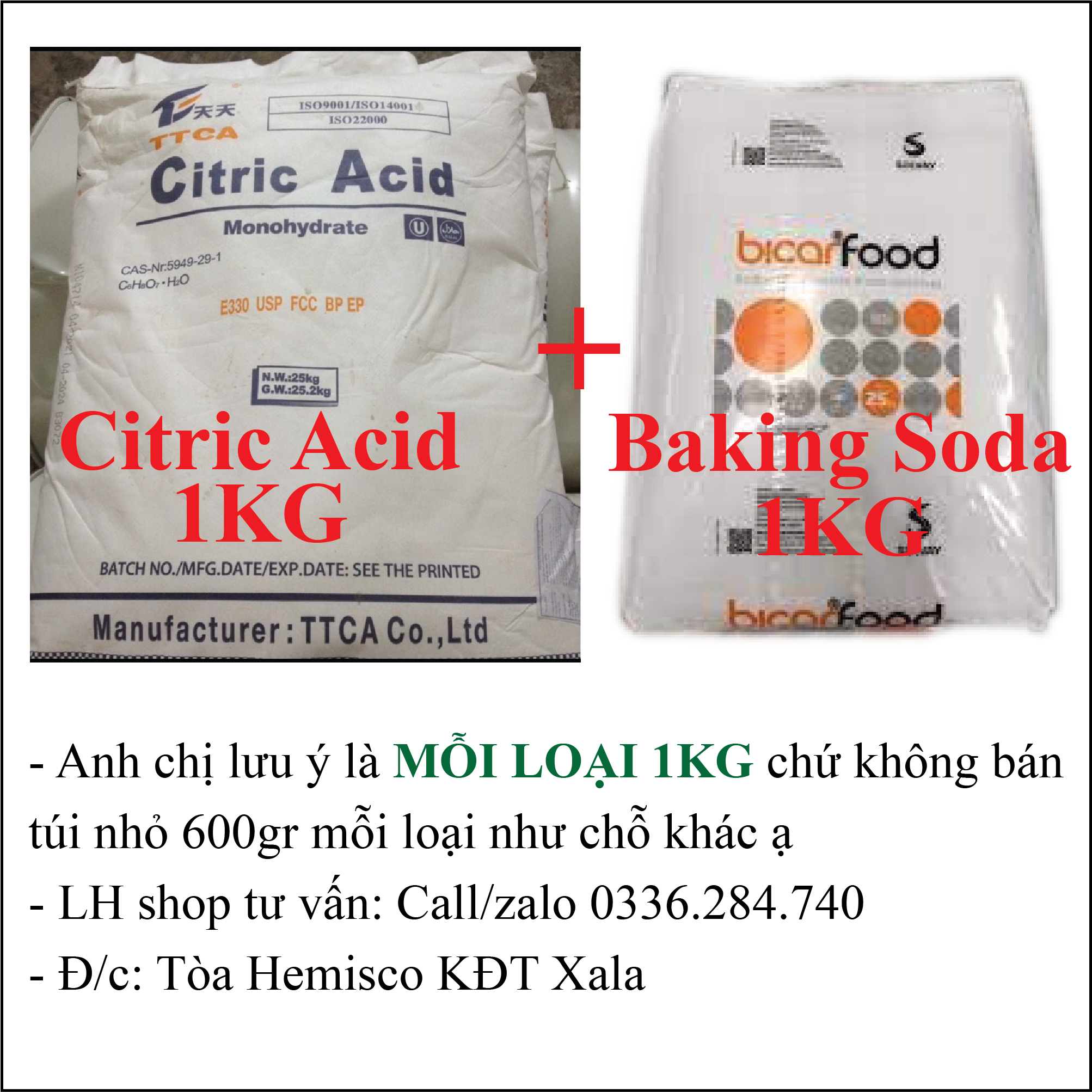[1kg citric acid+ 1kg baking soda] Combo 2Kg nguyên liệu chế CO2 cho bể cá- Baking Soda- Bột Chanh