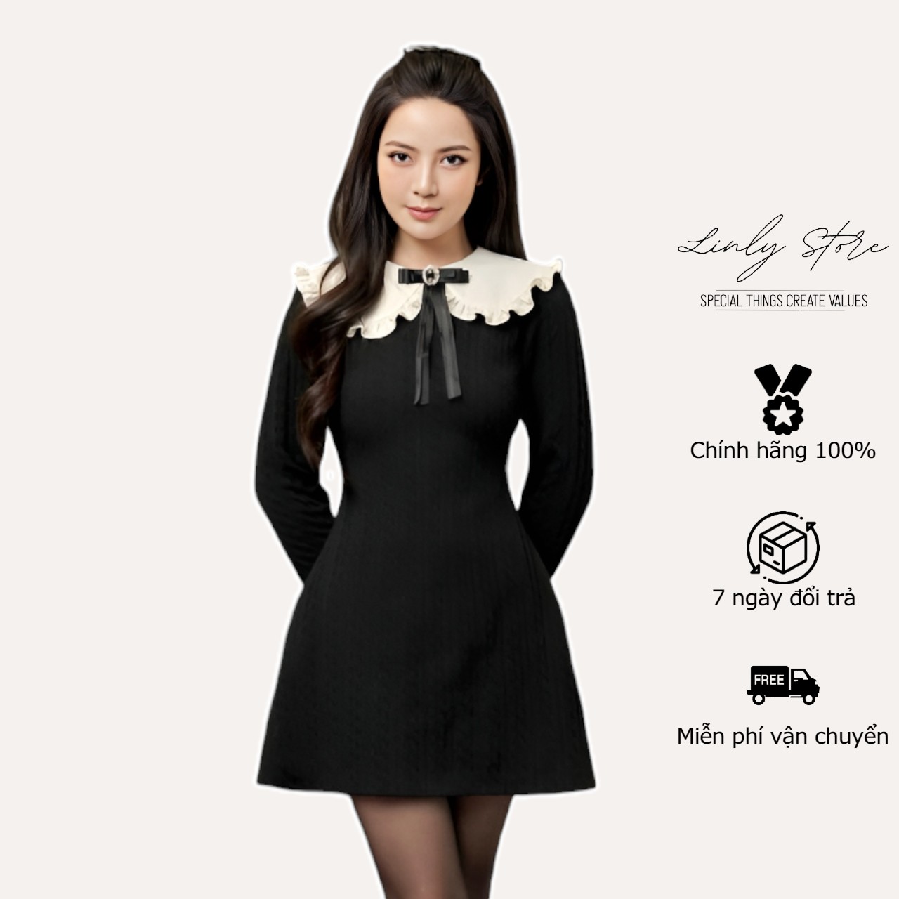 Váy len nữ dài tay cổ phối nơ xinh xắn Linly Store V-VL1