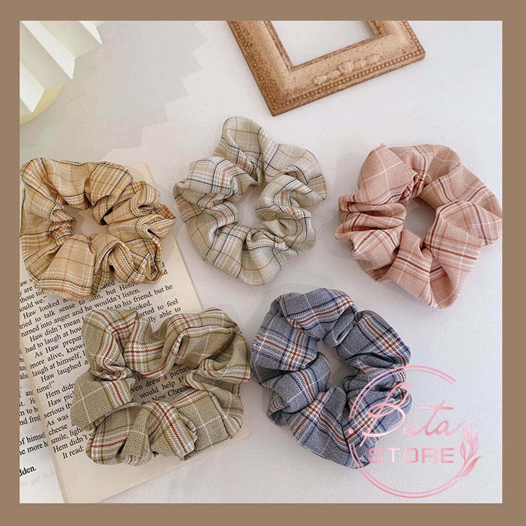 Dây buộc tóc scrunchies phong cách vải sọc caro buta sc22