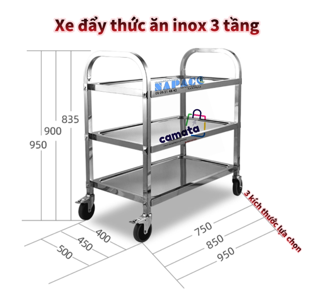 Xe đẩy inox 3 tầng - camata - x750850950 - xe đẩy thức ăn nhà hàng inox 3 tầng - xe đẩy dọn dẹp inox 3 tầng nhà hàng - xe đẩy đa năng 3 tầng - xe đẩy thu dọn thức ăn