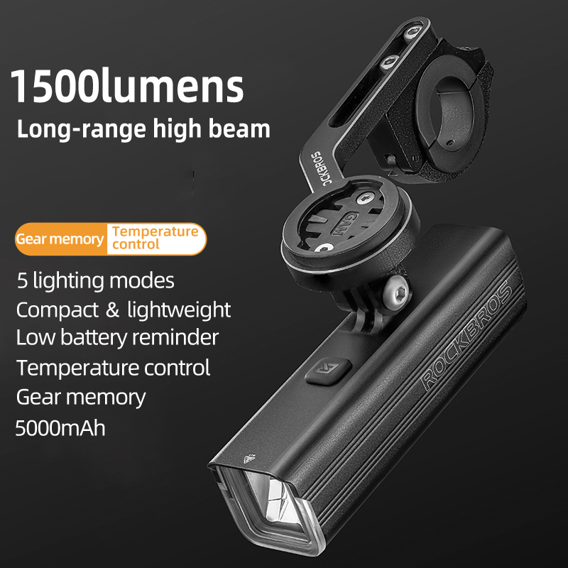 ROCKBROS Đèn pha xe đạp 1500 Lumens Cảm biến thông minh 5000mAh Xe đạp đường MTB Kiểm soát nhiệt độ ánh sáng Đèn pin sạc loại C chống nước 5 chế độ