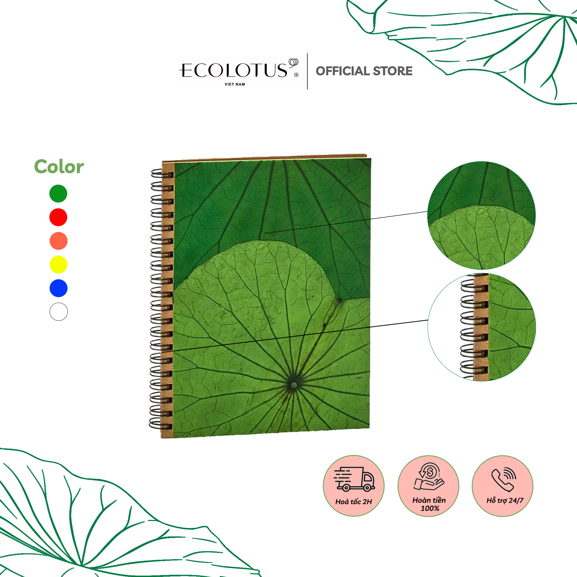Sổ tay họa tiết lá sen sấy khô ecolotus 14,5x18cm - quà tặng tri thức, quà tặng