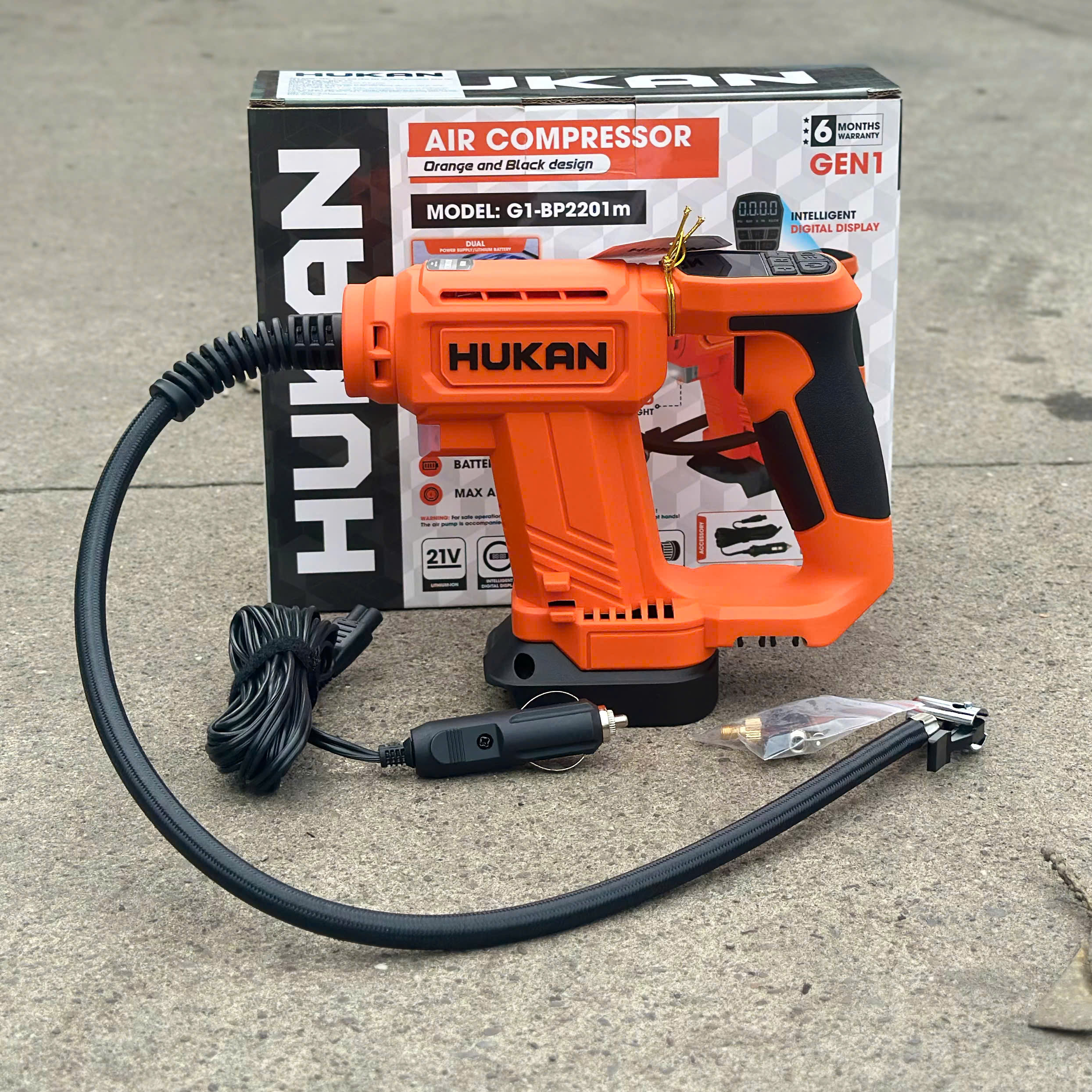Máy Bơm Xe Bơm Lốp Hukan G1 - BP 2201 m Công Suất 120PSI Chân Pin Phổ Thông Bảo Hành 6 Tháng