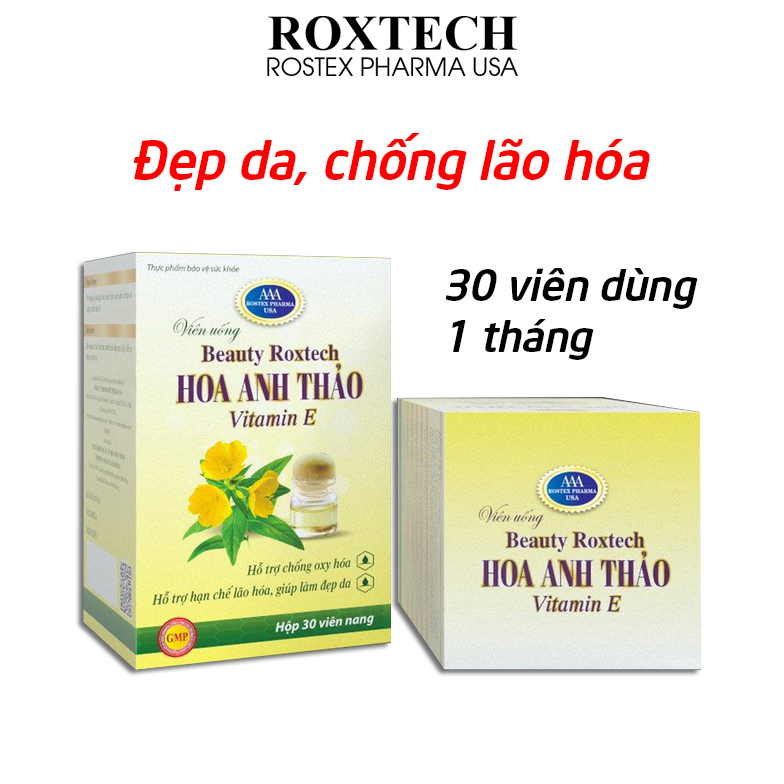 Viên uống dầu hoa anh thảo 1000mg, dầu hoa hồng, vitamin E giúp đẹp da, chống lão hóa da - Chai 30 viên dùng 1 tháng