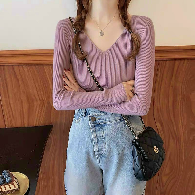 Áo chất len tăm cổ tim tay dài from dưới 60kg