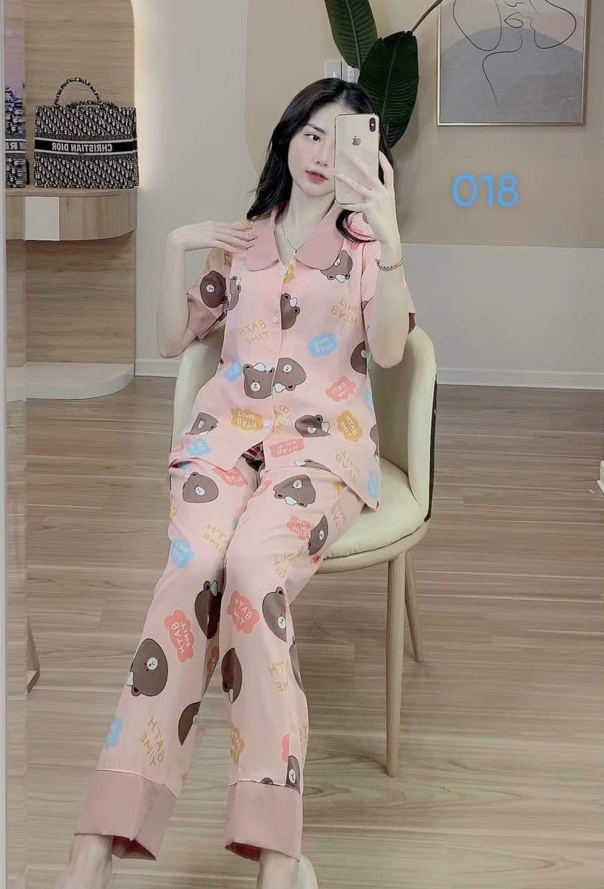 Bộ ngủ - đồ ngủ pijama cổ sen tay cộc quần dài chất kate lụa , Bộ pijama cộc tay nữ cổ sen dễ thương nhiều màu