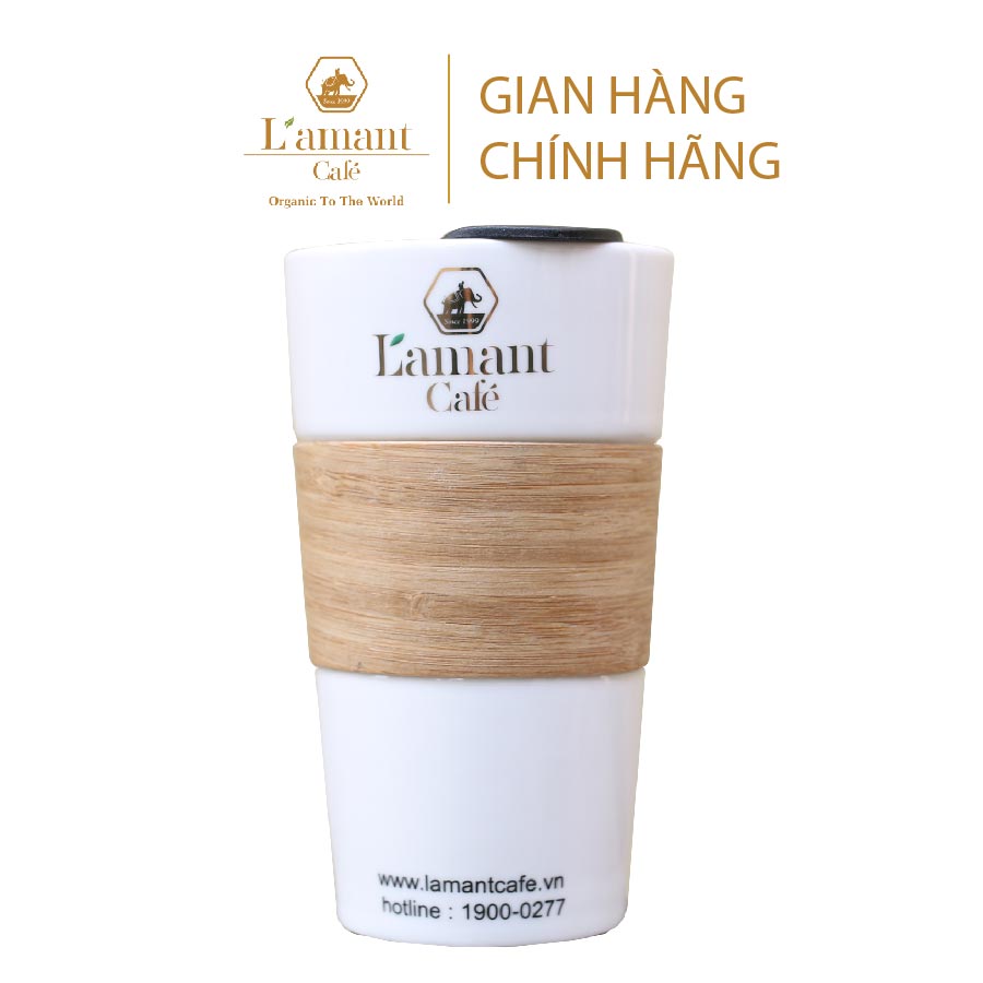 Ly sứ ốp gỗ l'amant café có nắp đậy 500ml - ly sứ cao cấp