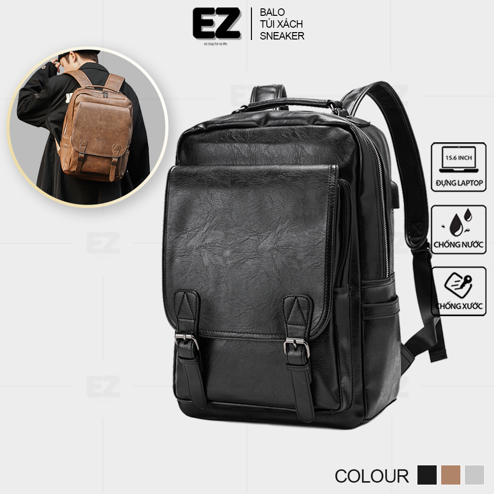 Balo da thời trang unisex EZ BALO - BLD08 đựng vừa laptop 15.6 inch, Balo đi học da PU chống thấm nước cao cấp, trọng lượng nhẹ 0,6kg