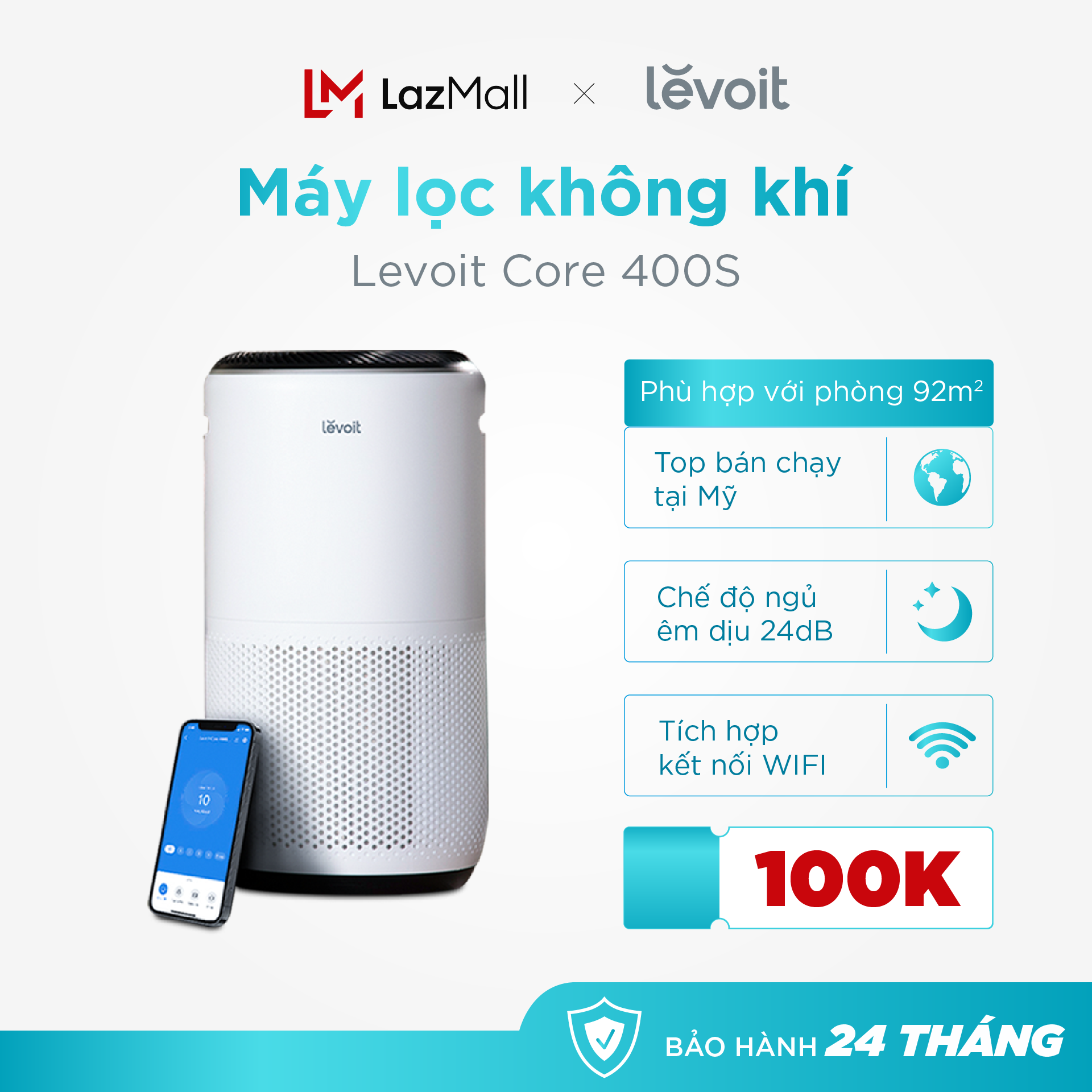 Máy lọc không khí Levoit Core 400S 92m2 bộ lọc HEPA H13 lọc bụi mịn - lọc kháng khuẩn - kết nối wifi thông minh