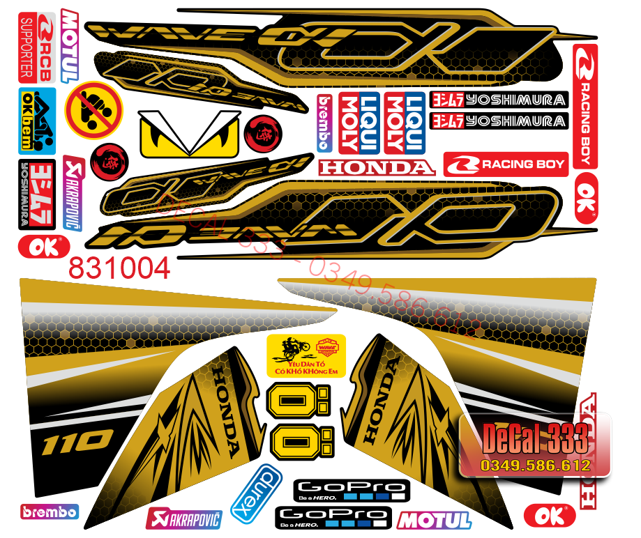 Tem Rời WAVE ALPHA 110 VÀNG ĐỒNG ĐEN 831004 (Tem chế 3 lớp cao cấp)