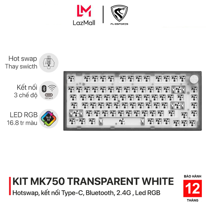 Bộ KIT bàn phím cơ chơi game không dây FL-Esports MK750 Transparent White RGB 3 Mode  - Mạch xuôi - Sẵn foam - 3 chế độ kết nối Type-C, Bluetooth, 2.4G - Pin 3000mAh