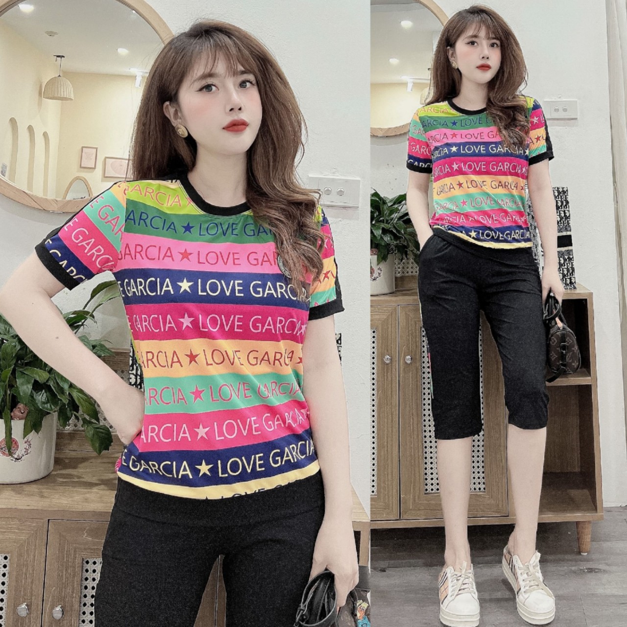 Đồ bộ thun cotton lửng nữ họa tiết sắc màu