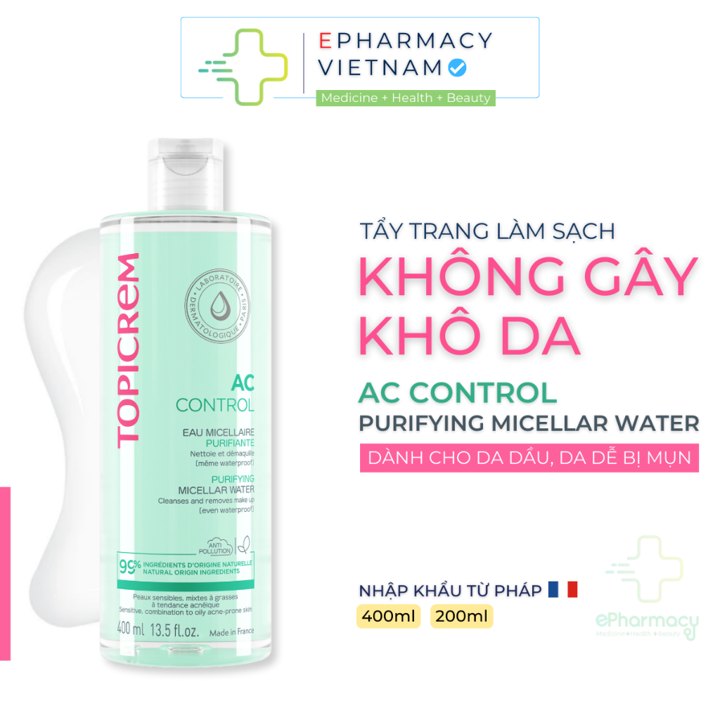 Nước tẩy trang TOPICREM dành cho da dầu mụn TOPICREM AC PURIFYING MICELLAR WATER