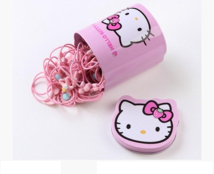Hộp 40 dây cột tóc cho bé hình mèo - Set 40 dây, Hộp thiếc mèo kitty 40 dây cột tóc đáng yêu cho bé gái, Bộ 40 dây cột tóc dễ thương đựng trong hộp thiếc mèo kitty
