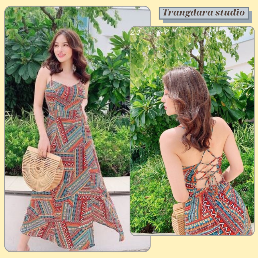 Đầm maxi thổ cẩm xẻ tà dây đan lưng sexy đi biển