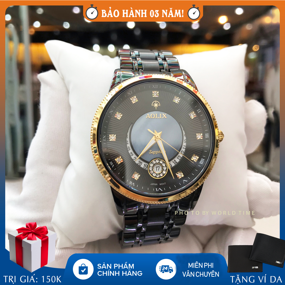 Đồng hồ nam Aolix AL9136G full hộp, thẻ bảo hành hãng, kính sapphire chống xước chống nước, dây thép, đen