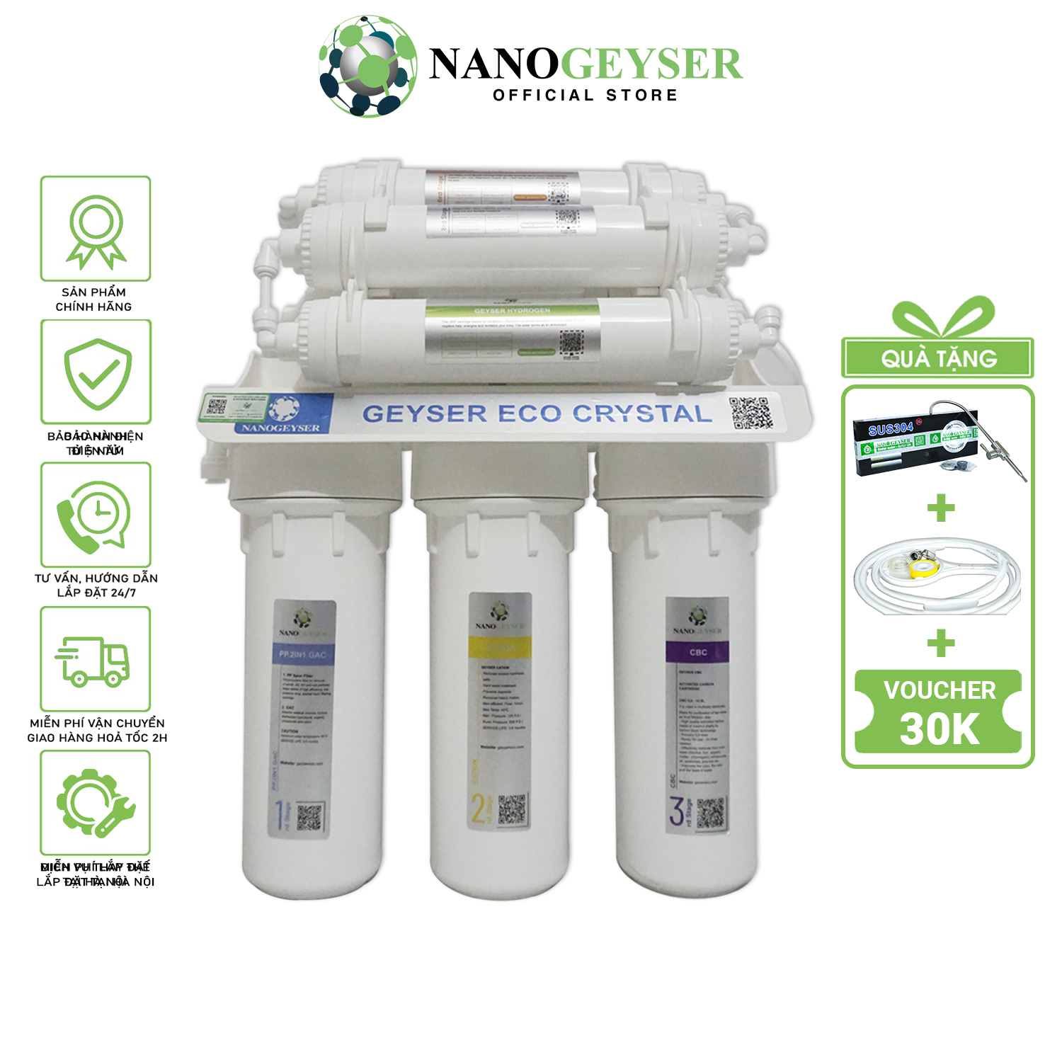 Máy lọc nước Nano Geyser ECO CRYSTAL, Công nghệ màng siêu lọc UF, Bảo hành điện tử 5 năm qua app chính hãng