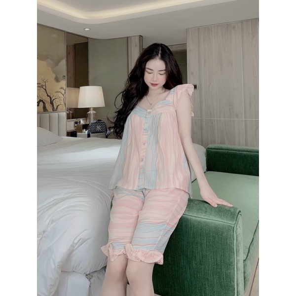 Bộ mặc nhà nữ mùa hè, Đồ bộ lửng nữ, Bộ pijama lụa mango ,Bộ tay cánh tiên quần lửng