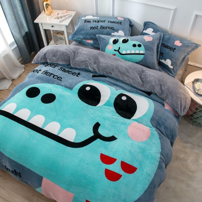 BỘ CHĂN GA GỐI NỈ NHUNG 3D CAO CẤP HÌNH KHỦNG LONG XANH