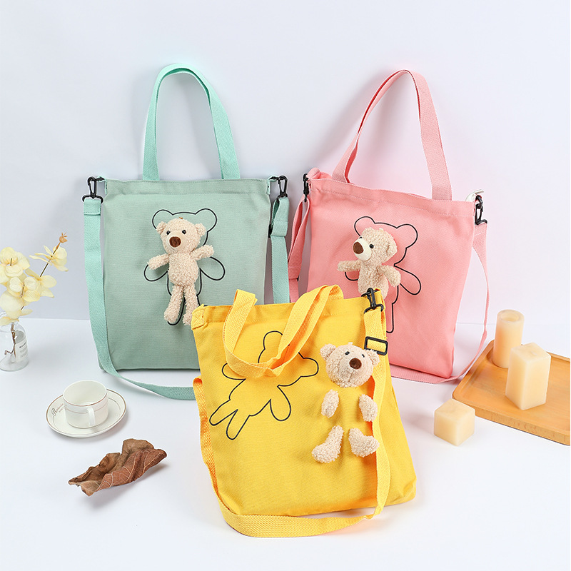 Túi nữ Tote vải canvas đeo vai gấu dễ thương có khoá kéo tiện lợi