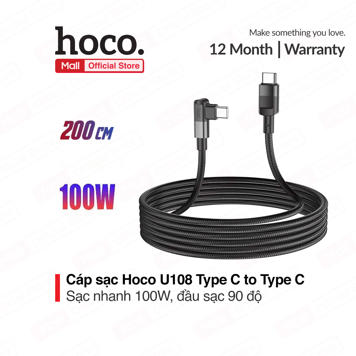 Cáp sạc điện thoại hoco u108 kiểu l bện nylon chống gãy, sạc nhanh 100w type c to type c