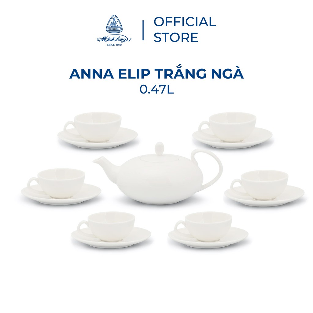 Bộ ấm, chén trà sứ minh long elip 0.47 l - anna - trắng ngà